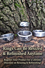 Three titanium silver-toned metal rings displayed on a tree trunk outdoors, with overlaid promotional text stating 'Rings Can Be Resized & Refinished Anytime' and 'Register Your Product for a Lifetime Discount on Resizing & Refining!'.